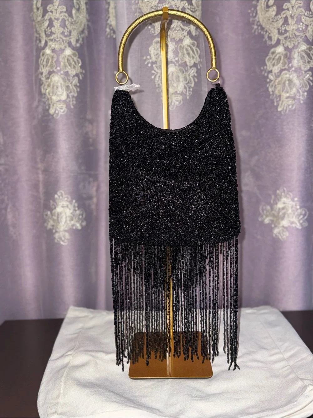 NWT “From India to You” Hand Beaded Black Fringe Evening Bag - Gold Metal Handle